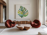 Tropical Fun Palms II by Courtney Prahl. Shown as extra-large giant wall art in a modern living room. Available as an archival giclee rolled canvas, fine art paper, or poster print. SKU 35698a.