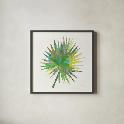 Tropical Fun Palms IIII by Courtney Prahl. Shown in a sleek black glass frame for a contemporary gallery look. Available as an archival giclee rolled canvas, fine art paper, or poster print. SKU 35699a.