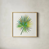 Tropical Fun Palms IIII by Courtney Prahl. Shown in a natural wood glass frame for a timeless modern aesthetic. Available as an archival giclee rolled canvas, fine art paper, or poster print. SKU 35699a.