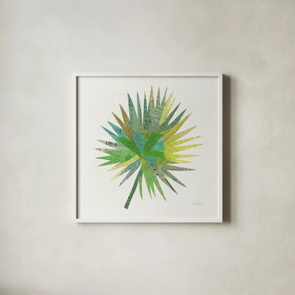 Tropical Fun Palms IIII by Courtney Prahl. Shown in a crisp white glass frame for a clean and minimalist style. Available as an archival giclee rolled canvas, fine art paper, or poster print. SKU 35699a.