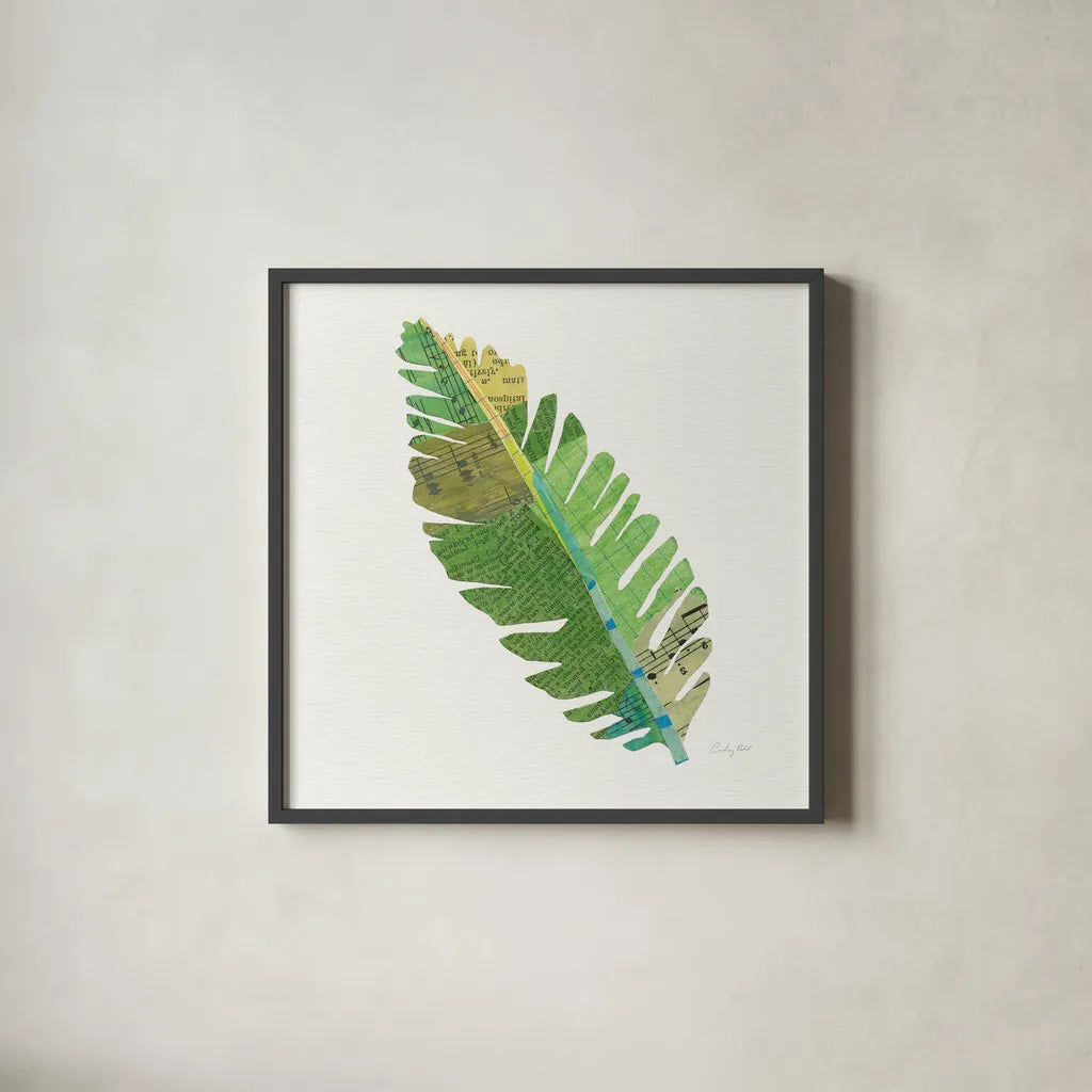 Tropical Fun Palms IV by Courtney Prahl. Shown in a sleek black glass frame for a contemporary gallery look. Available as an archival giclee rolled canvas, fine art paper, or poster print. SKU 35700a.