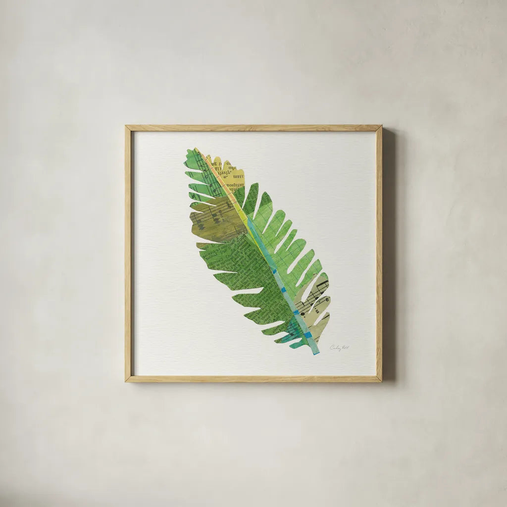 Tropical Fun Palms IV by Courtney Prahl. Shown in a natural wood glass frame for a timeless modern aesthetic. Available as an archival giclee rolled canvas, fine art paper, or poster print. SKU 35700a.