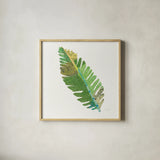 Tropical Fun Palms IV by Courtney Prahl. Shown in a natural wood glass frame for a timeless modern aesthetic. Available as an archival giclee rolled canvas, fine art paper, or poster print. SKU 35700a.