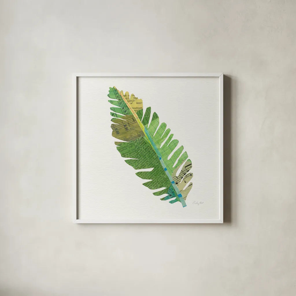 Tropical Fun Palms IV by Courtney Prahl. Shown in a crisp white glass frame for a clean and minimalist style. Available as an archival giclee rolled canvas, fine art paper, or poster print. SKU 35700a.