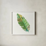 Tropical Fun Palms IV by Courtney Prahl. Shown in a crisp white glass frame for a clean and minimalist style. Available as an archival giclee rolled canvas, fine art paper, or poster print. SKU 35700a.