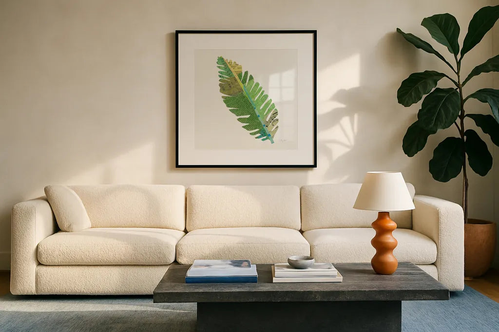 Tropical Fun Palms IV by Courtney Prahl. Displayed in a glass frame with matte in a clean modern living room. Available as an archival giclee rolled canvas, fine art paper, or poster print. SKU 35700a.