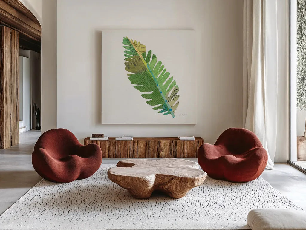 Tropical Fun Palms IV by Courtney Prahl. Shown as extra-large giant wall art in a modern living room. Available as an archival giclee rolled canvas, fine art paper, or poster print. SKU 35700a.