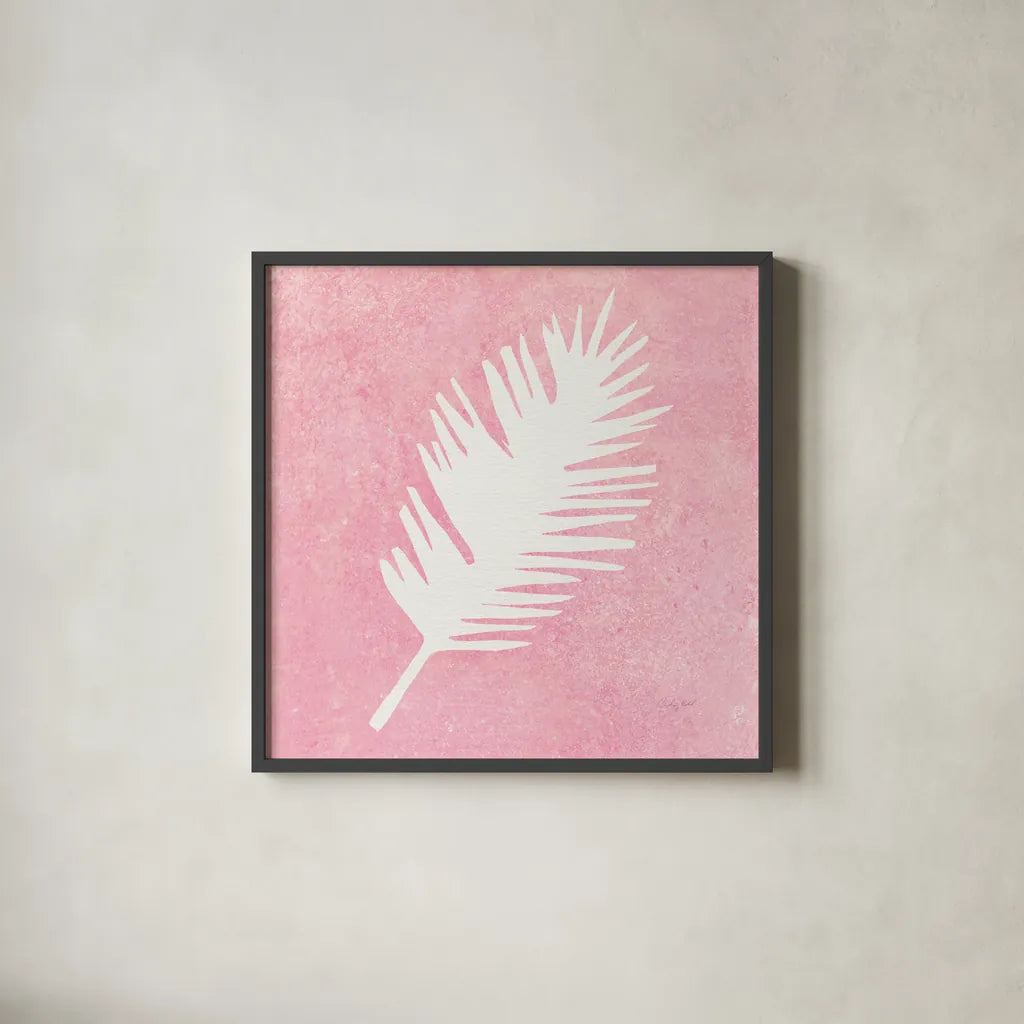 Tropical Fun Palms Silhouette I by Courtney Prahl. Shown in a sleek black glass frame for a contemporary gallery look. Available as an archival giclee rolled canvas, fine art paper, or poster print. SKU 35707a.