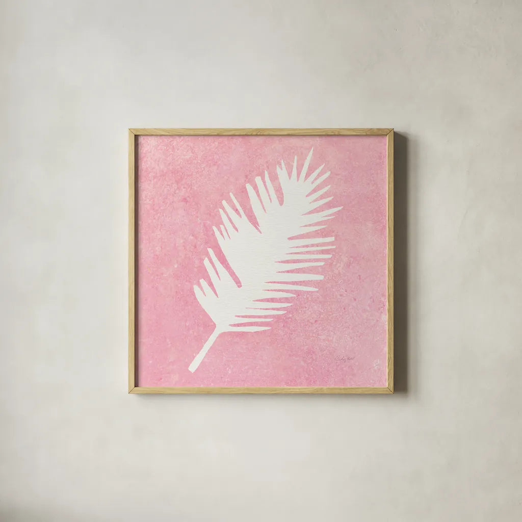 Tropical Fun Palms Silhouette I by Courtney Prahl. Shown in a natural wood glass frame for a timeless modern aesthetic. Available as an archival giclee rolled canvas, fine art paper, or poster print. SKU 35707a.