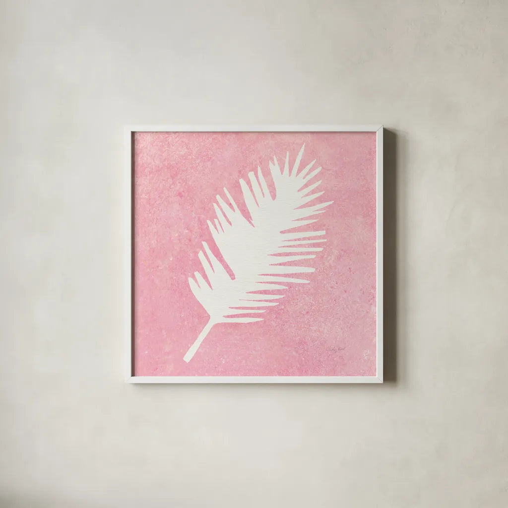 Tropical Fun Palms Silhouette I by Courtney Prahl. Shown in a crisp white glass frame for a clean and minimalist style. Available as an archival giclee rolled canvas, fine art paper, or poster print. SKU 35707a.