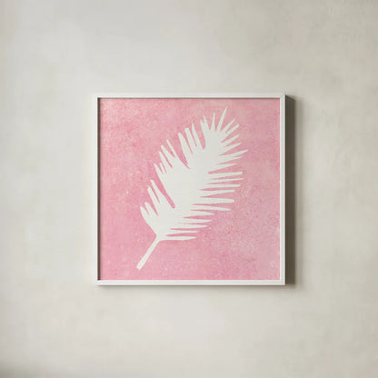 Tropical Fun Palms Silhouette I by Courtney Prahl. Shown in a crisp white glass frame for a clean and minimalist style. Available as an archival giclee rolled canvas, fine art paper, or poster print. SKU 35707a.