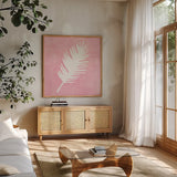 Tropical Fun Palms Silhouette I by Courtney Prahl. Shown in a natural wood frame in a cozy modern living room. Available as an archival giclee rolled canvas, fine art paper, or poster print. SKU 35707a.