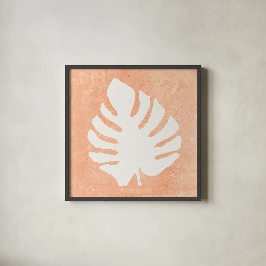 Tropical Fun Palms Silhouette II by Courtney Prahl. Shown in a sleek black glass frame for a contemporary gallery look. Available as an archival giclee rolled canvas, fine art paper, or poster print. SKU 35708a.