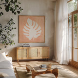 Tropical Fun Palms Silhouette II by Courtney Prahl. Shown in a natural wood frame in a cozy modern living room. Available as an archival giclee rolled canvas, fine art paper, or poster print. SKU 35708a.