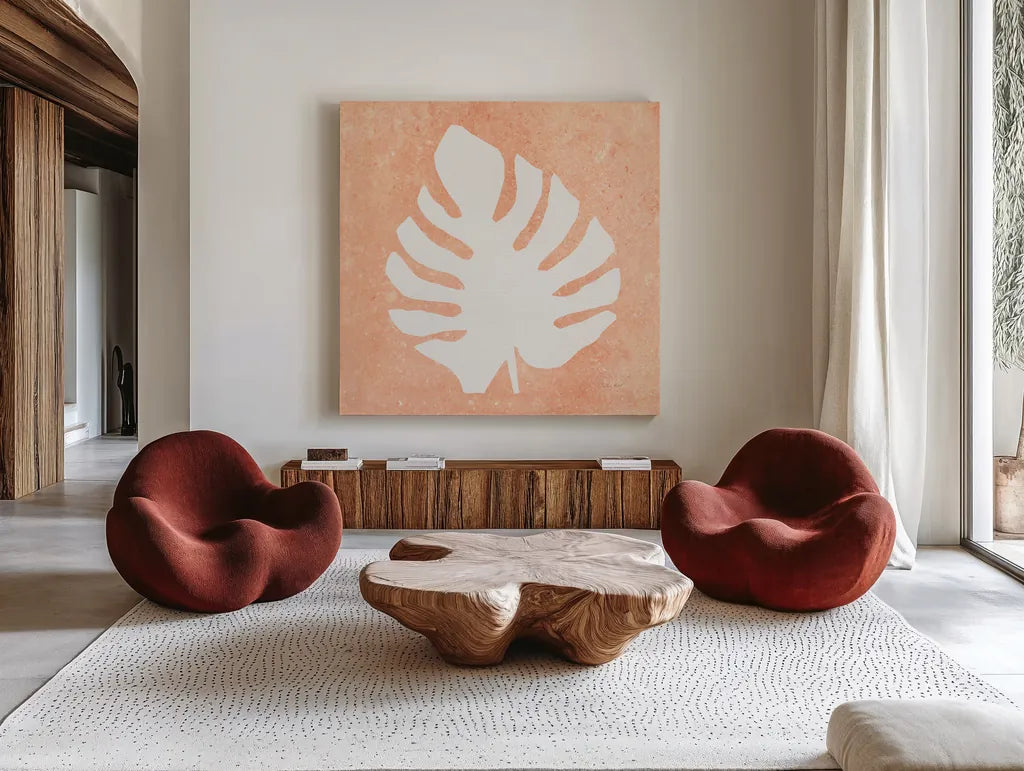Tropical Fun Palms Silhouette II by Courtney Prahl. Shown as extra-large giant wall art in a modern living room. Available as an archival giclee rolled canvas, fine art paper, or poster print. SKU 35708a.