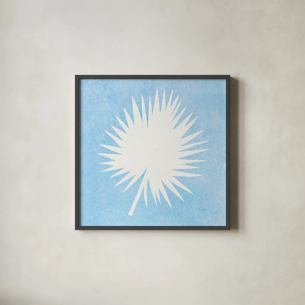 Tropical Fun Palms Silhouette III by Courtney Prahl. Shown in a sleek black glass frame for a contemporary gallery look. Available as an archival giclee rolled canvas, fine art paper, or poster print. SKU 35709a.