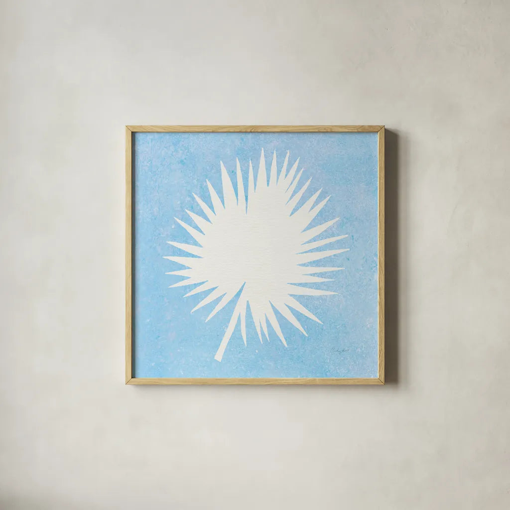 Tropical Fun Palms Silhouette III by Courtney Prahl. Shown in a natural wood glass frame for a timeless modern aesthetic. Available as an archival giclee rolled canvas, fine art paper, or poster print. SKU 35709a.