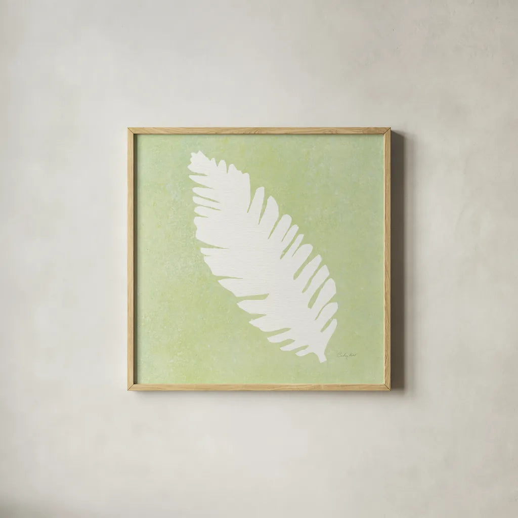 Tropical Fun Palms Silhouette IV by Courtney Prahl. Shown in a natural wood glass frame for a timeless modern aesthetic. Available as an archival giclee rolled canvas, fine art paper, or poster print. SKU 35710a.