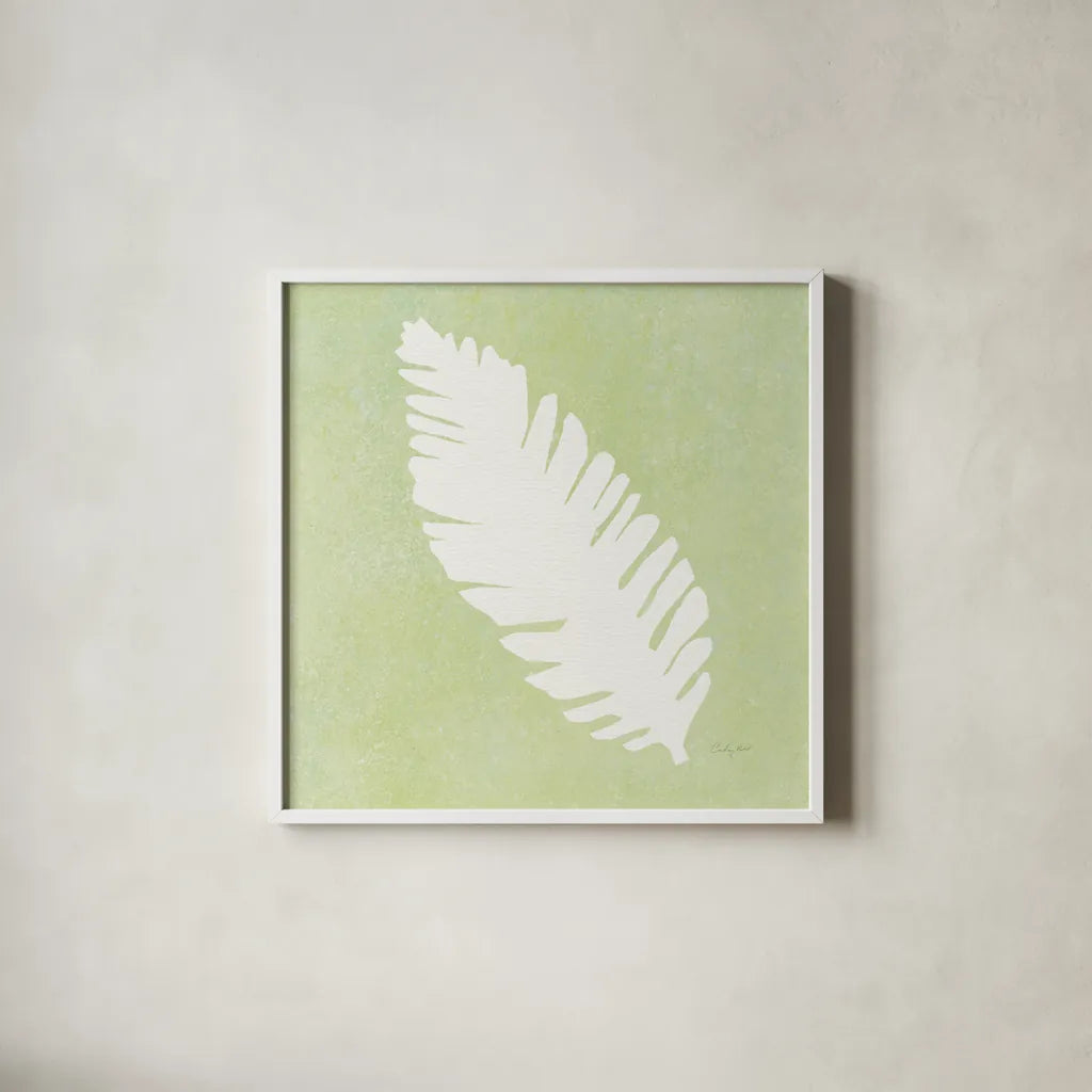 Tropical Fun Palms Silhouette IV by Courtney Prahl. Shown in a crisp white glass frame for a clean and minimalist style. Available as an archival giclee rolled canvas, fine art paper, or poster print. SKU 35710a.