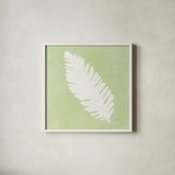 Tropical Fun Palms Silhouette IV by Courtney Prahl. Shown in a crisp white glass frame for a clean and minimalist style. Available as an archival giclee rolled canvas, fine art paper, or poster print. SKU 35710a.