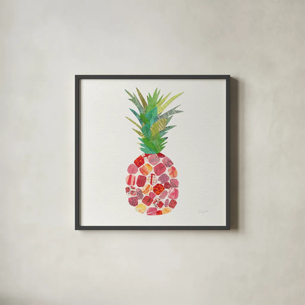 Tropical Fun Pineapple I by Courtney Prahl. Shown in a sleek black glass frame for a contemporary gallery look. Available as an archival giclee rolled canvas, fine art paper, or poster print. SKU 35701a.