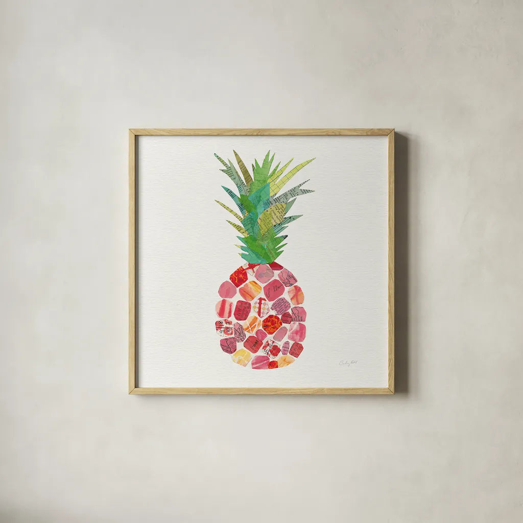 Tropical Fun Pineapple I by Courtney Prahl. Shown in a natural wood glass frame for a timeless modern aesthetic. Available as an archival giclee rolled canvas, fine art paper, or poster print. SKU 35701a.