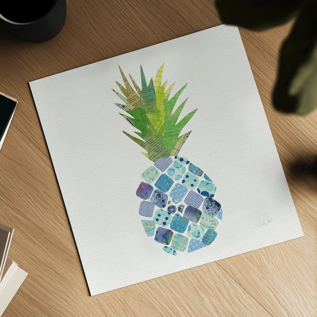 Tropical Fun Pineapple II by Courtney Prahl. Shown as a detailed flat fine art print, highlighting archival giclee quality. Available as an archival giclee rolled canvas, fine art paper, or poster print. SKU 35702a.