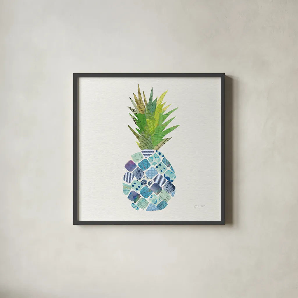 Tropical Fun Pineapple II by Courtney Prahl. Shown in a sleek black glass frame for a contemporary gallery look. Available as an archival giclee rolled canvas, fine art paper, or poster print. SKU 35702a.