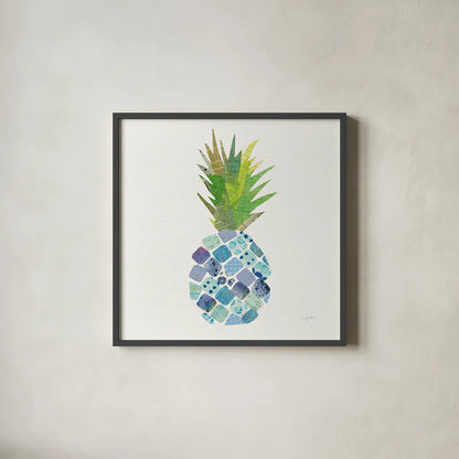 Tropical Fun Pineapple II by Courtney Prahl. Shown in a sleek black glass frame for a contemporary gallery look. Available as an archival giclee rolled canvas, fine art paper, or poster print. SKU 35702a.