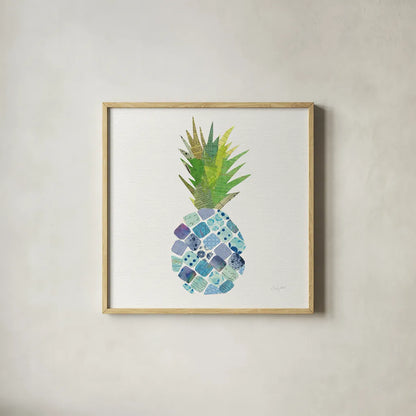 Tropical Fun Pineapple II by Courtney Prahl. Shown in a natural wood glass frame for a timeless modern aesthetic. Available as an archival giclee rolled canvas, fine art paper, or poster print. SKU 35702a.