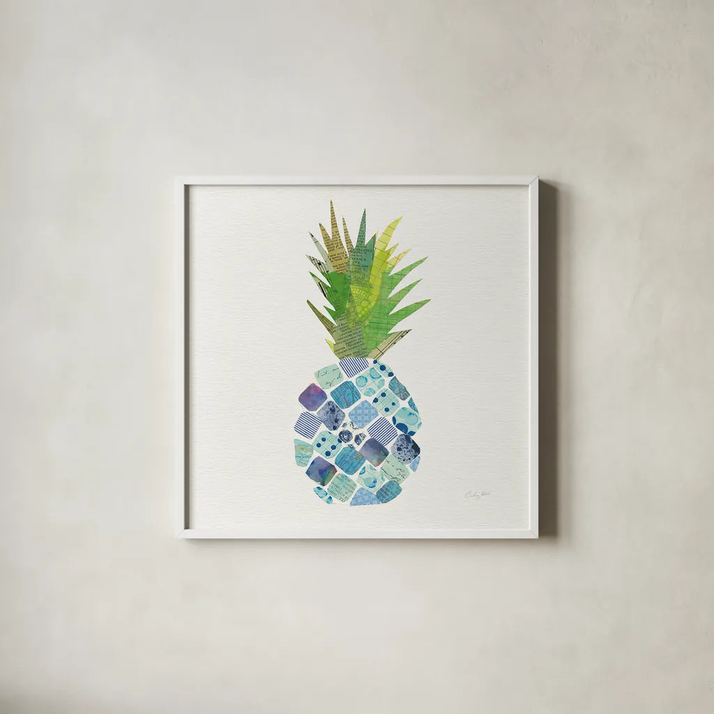 Tropical Fun Pineapple II by Courtney Prahl. Shown in a crisp white glass frame for a clean and minimalist style. Available as an archival giclee rolled canvas, fine art paper, or poster print. SKU 35702a.