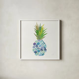 Tropical Fun Pineapple II by Courtney Prahl. Shown in a crisp white glass frame for a clean and minimalist style. Available as an archival giclee rolled canvas, fine art paper, or poster print. SKU 35702a.
