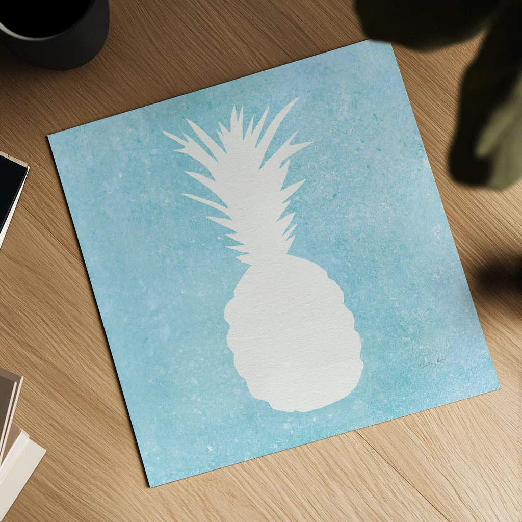Tropical Fun Pineapple Silhouette I by Courtney Prahl. Shown as a detailed flat fine art print, highlighting archival giclee quality. Available as an archival giclee rolled canvas, fine art paper, or poster print. SKU 35711a.
