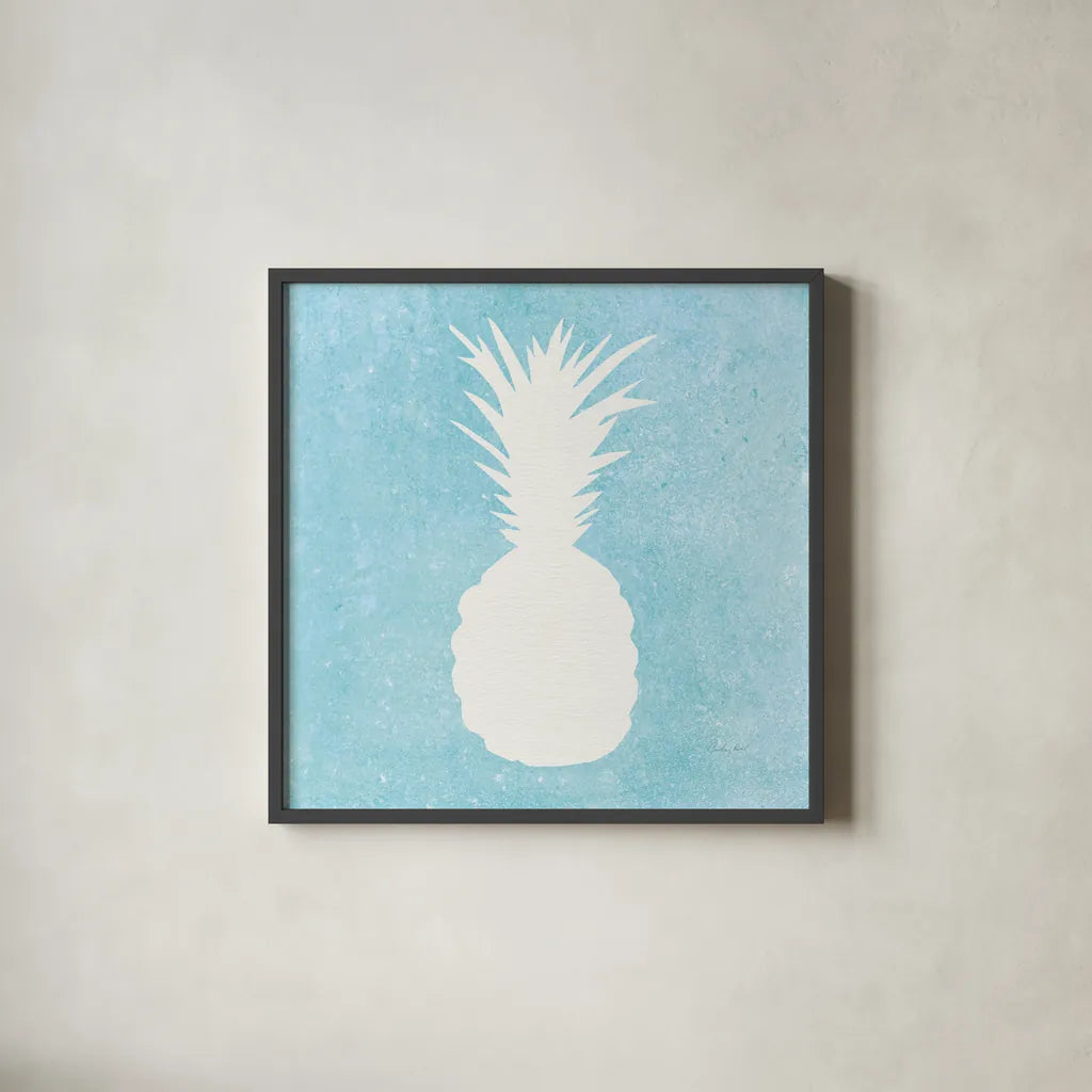 Tropical Fun Pineapple Silhouette I by Courtney Prahl. Shown in a sleek black glass frame for a contemporary gallery look. Available as an archival giclee rolled canvas, fine art paper, or poster print. SKU 35711a.