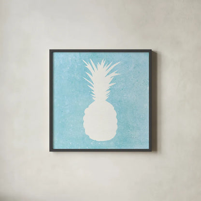 Tropical Fun Pineapple Silhouette I by Courtney Prahl. Shown in a sleek black glass frame for a contemporary gallery look. Available as an archival giclee rolled canvas, fine art paper, or poster print. SKU 35711a.