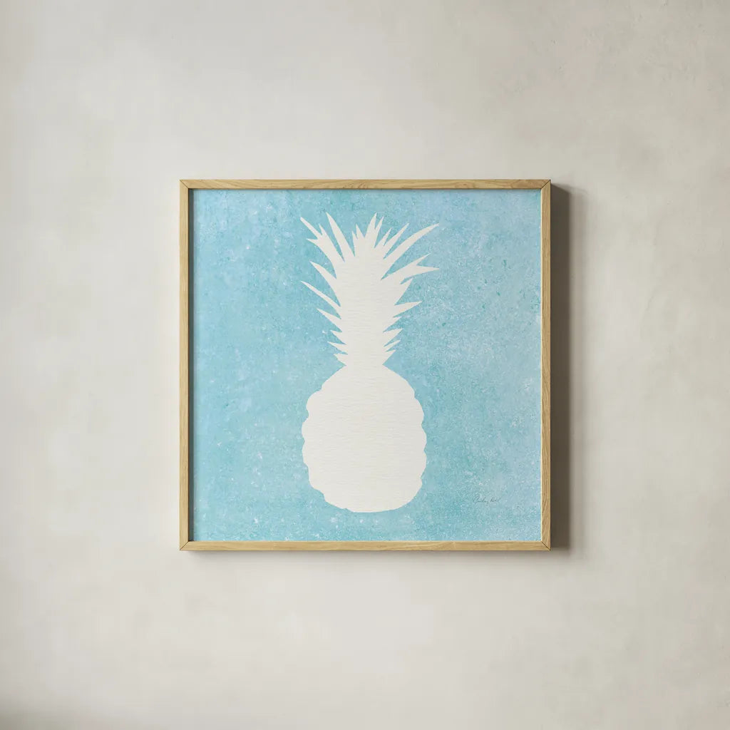 Tropical Fun Pineapple Silhouette I by Courtney Prahl. Shown in a natural wood glass frame for a timeless modern aesthetic. Available as an archival giclee rolled canvas, fine art paper, or poster print. SKU 35711a.