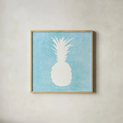 Tropical Fun Pineapple Silhouette I by Courtney Prahl. Shown in a natural wood glass frame for a timeless modern aesthetic. Available as an archival giclee rolled canvas, fine art paper, or poster print. SKU 35711a.