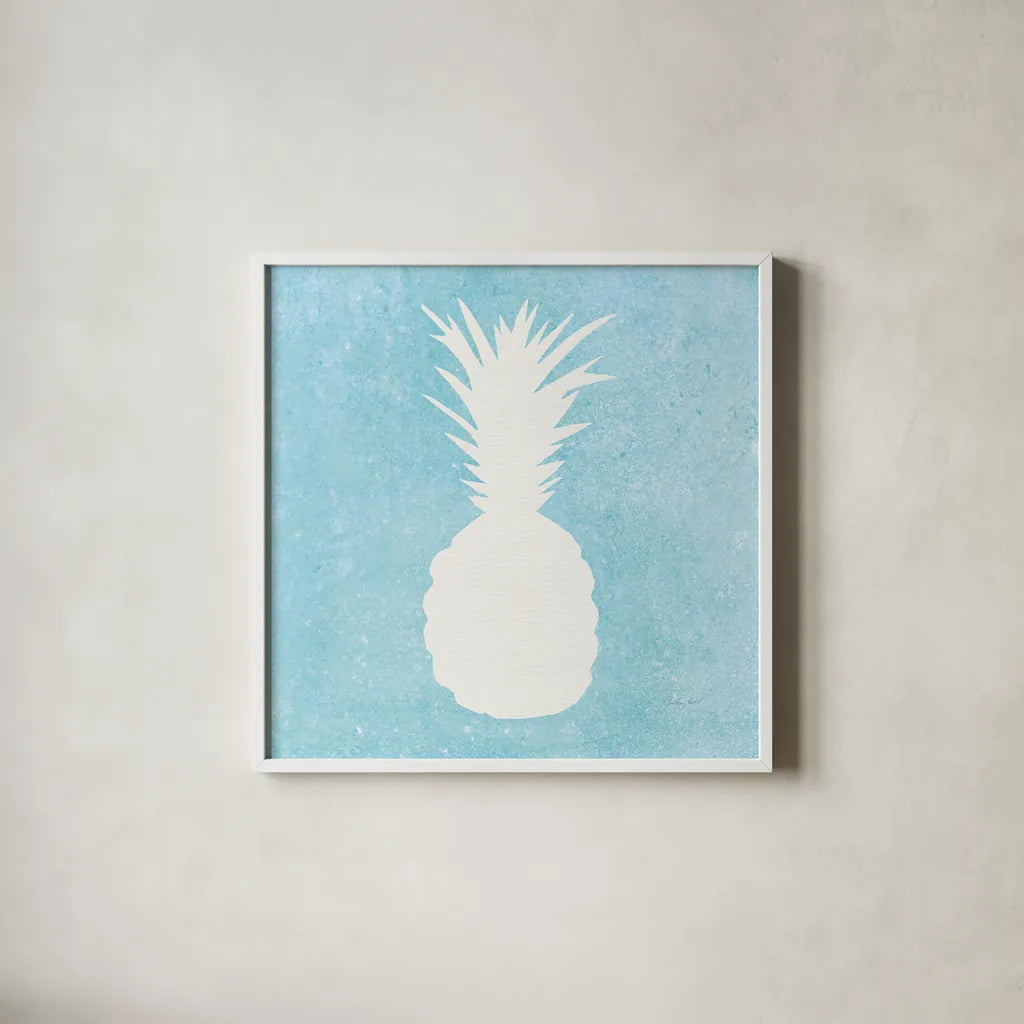 Tropical Fun Pineapple Silhouette I by Courtney Prahl. Shown in a crisp white glass frame for a clean and minimalist style. Available as an archival giclee rolled canvas, fine art paper, or poster print. SKU 35711a.