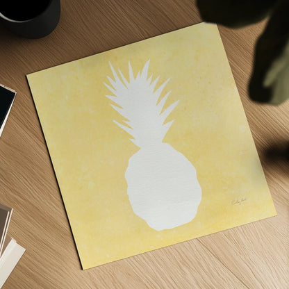 Tropical Fun Pineapple Silhouette II by Courtney Prahl. Shown as a detailed flat fine art print, highlighting archival giclee quality. Available as an archival giclee rolled canvas, fine art paper, or poster print. SKU 35712a.