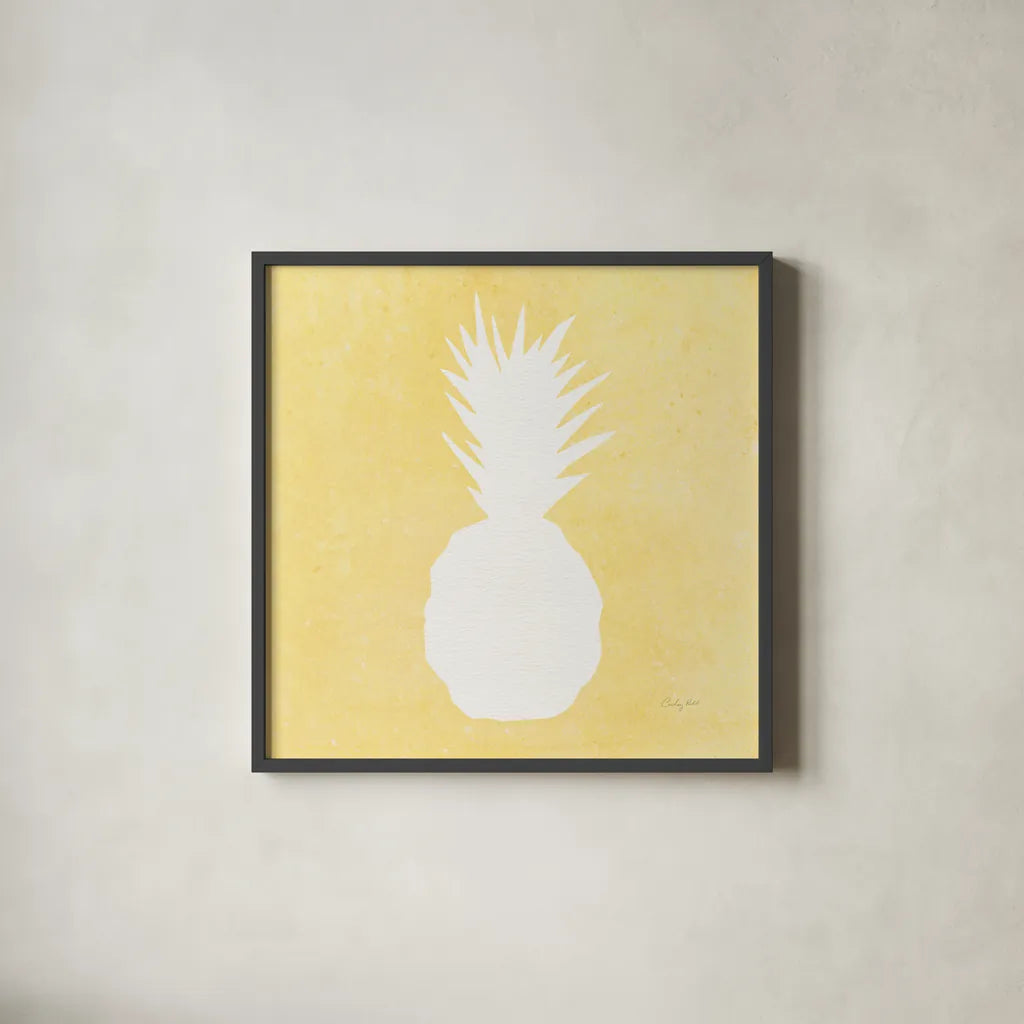 Tropical Fun Pineapple Silhouette II by Courtney Prahl. Shown in a sleek black glass frame for a contemporary gallery look. Available as an archival giclee rolled canvas, fine art paper, or poster print. SKU 35712a.