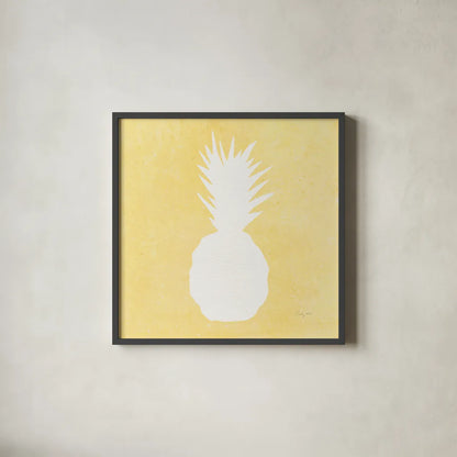 Tropical Fun Pineapple Silhouette II by Courtney Prahl. Shown in a sleek black glass frame for a contemporary gallery look. Available as an archival giclee rolled canvas, fine art paper, or poster print. SKU 35712a.