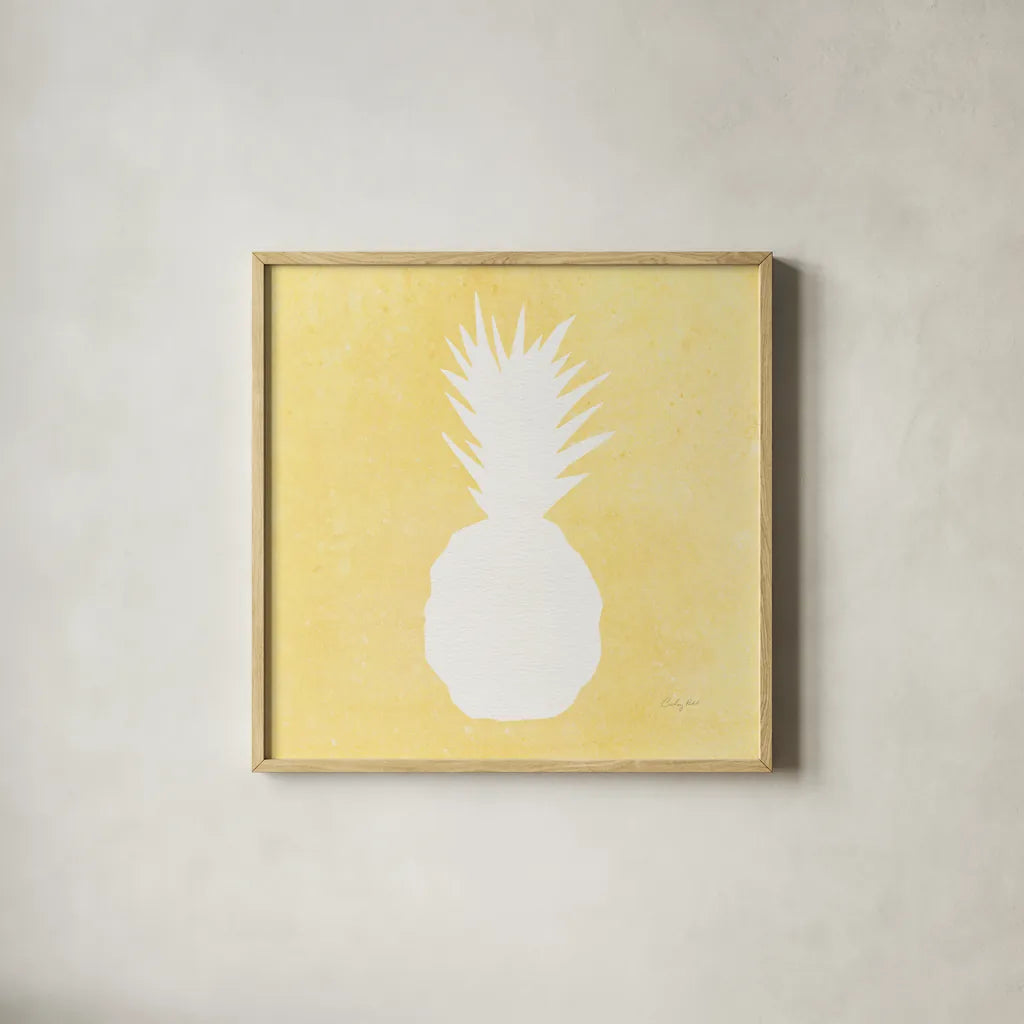 Tropical Fun Pineapple Silhouette II by Courtney Prahl. Shown in a natural wood glass frame for a timeless modern aesthetic. Available as an archival giclee rolled canvas, fine art paper, or poster print. SKU 35712a.
