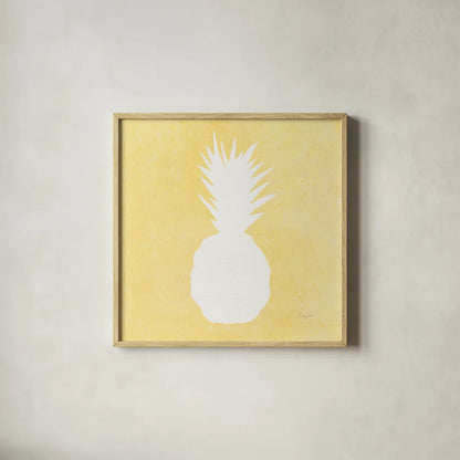 Tropical Fun Pineapple Silhouette II by Courtney Prahl. Shown in a natural wood glass frame for a timeless modern aesthetic. Available as an archival giclee rolled canvas, fine art paper, or poster print. SKU 35712a.