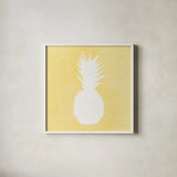 Tropical Fun Pineapple Silhouette II by Courtney Prahl. Shown in a crisp white glass frame for a clean and minimalist style. Available as an archival giclee rolled canvas, fine art paper, or poster print. SKU 35712a.