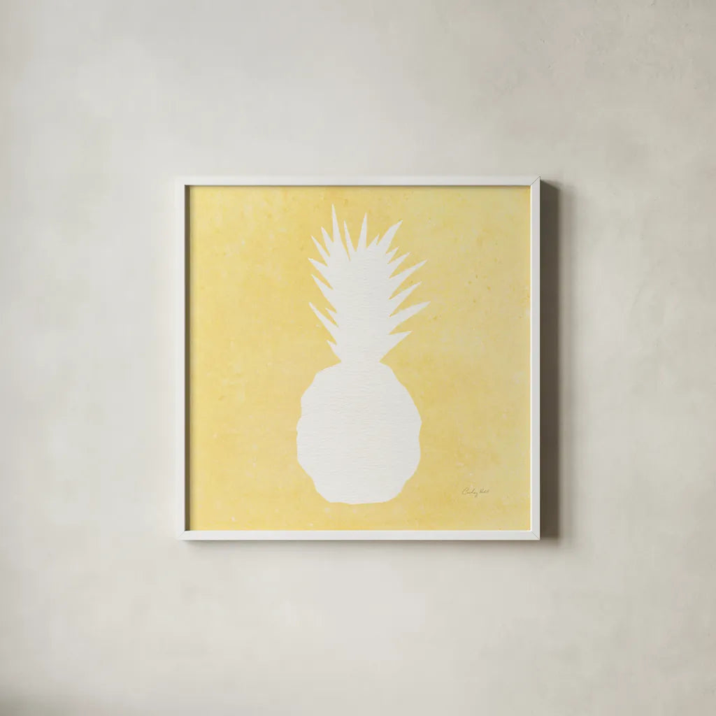 Tropical Fun Pineapple Silhouette II by Courtney Prahl. Shown in a crisp white glass frame for a clean and minimalist style. Available as an archival giclee rolled canvas, fine art paper, or poster print. SKU 35712a.