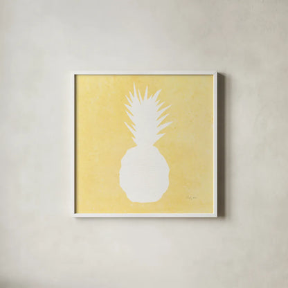 Tropical Fun Pineapple Silhouette II by Courtney Prahl. Shown in a crisp white glass frame for a clean and minimalist style. Available as an archival giclee rolled canvas, fine art paper, or poster print. SKU 35712a.