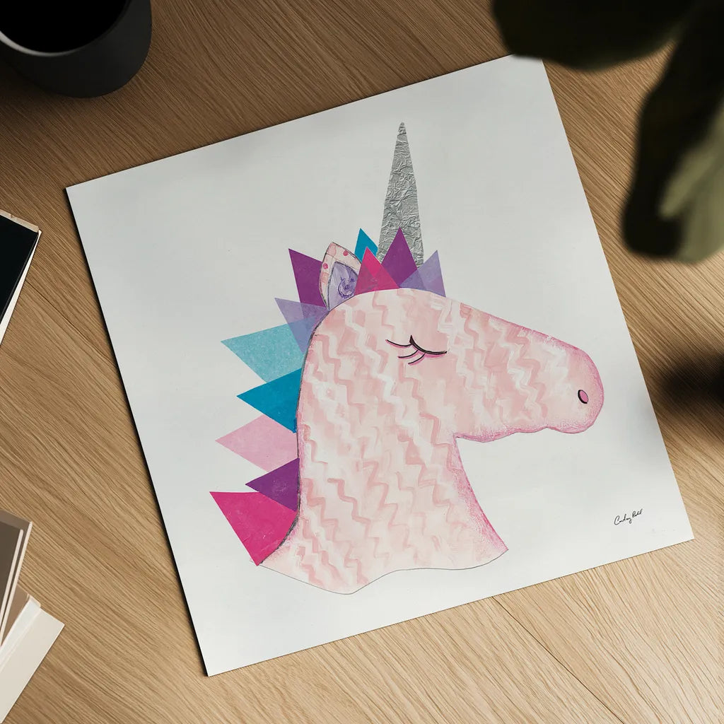 Unicorn Power I by Courtney Prahl. Shown as a detailed flat fine art print, highlighting archival giclee quality. Available as an archival giclee rolled canvas, fine art paper, or poster print. SKU 41586a.