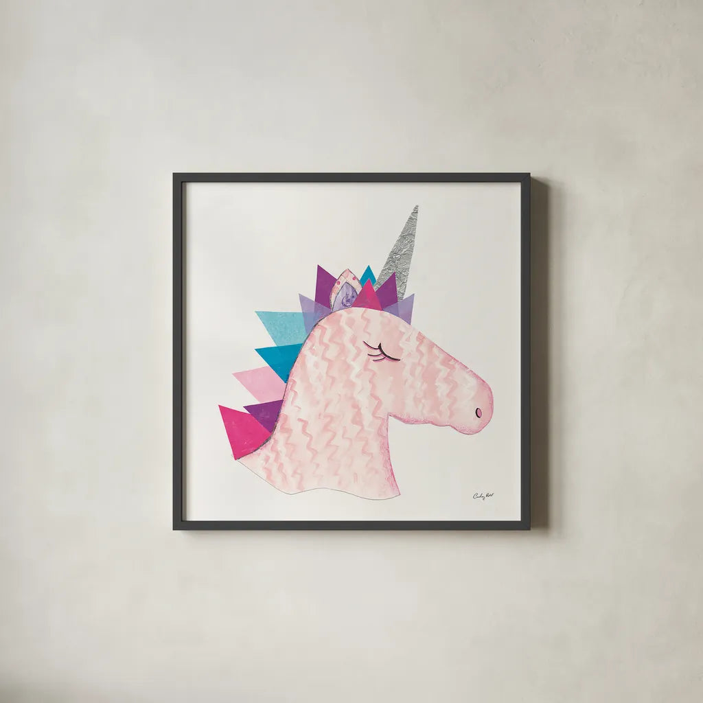 Unicorn Power I by Courtney Prahl. Shown in a sleek black glass frame for a contemporary gallery look. Available as an archival giclee rolled canvas, fine art paper, or poster print. SKU 41586a.
