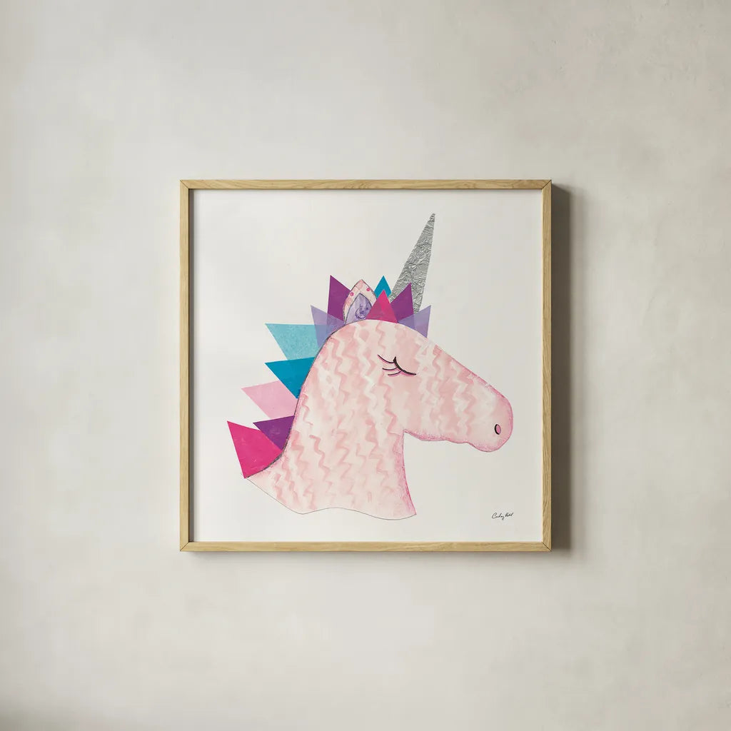 Unicorn Power I by Courtney Prahl. Shown in a natural wood glass frame for a timeless modern aesthetic. Available as an archival giclee rolled canvas, fine art paper, or poster print. SKU 41586a.
