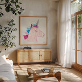 Unicorn Power I by Courtney Prahl. Shown in a natural wood frame in a cozy modern living room. Available as an archival giclee rolled canvas, fine art paper, or poster print. SKU 41586a.